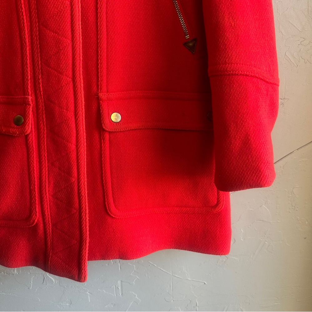 J. Crew Stadium Cloth Red Wool Coat w/ Faux Fur Hood Statement Winter Parka 2P - Picture 4 of 16